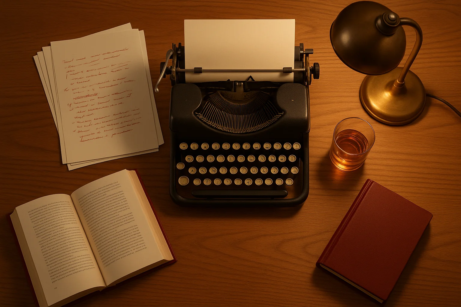 Une machine à écrire vintage, des feuilles annotées en encre rouge, un verre d'ambre — ambiance éditoriale chaude